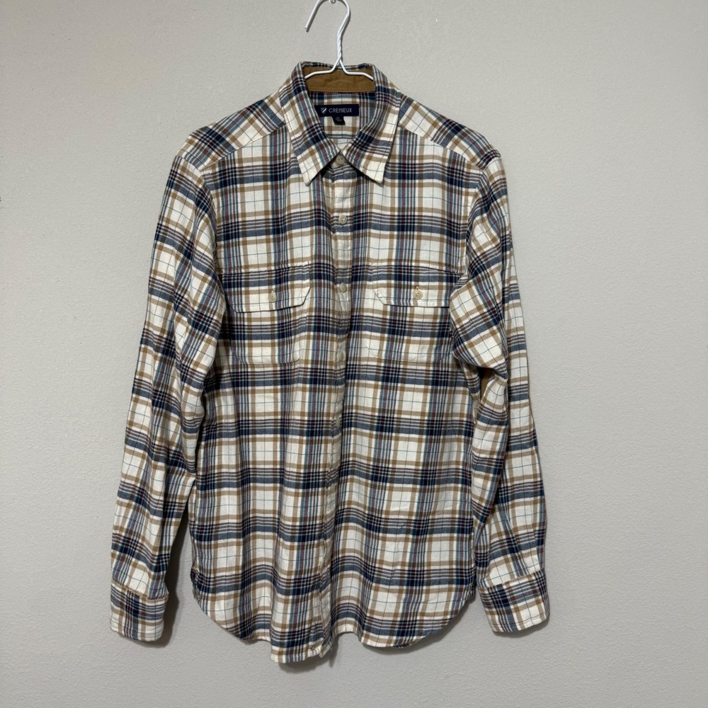 Cremieux Plaid Flannel Shirt Mens Medium Brown Blue Elbow Patches Button Down